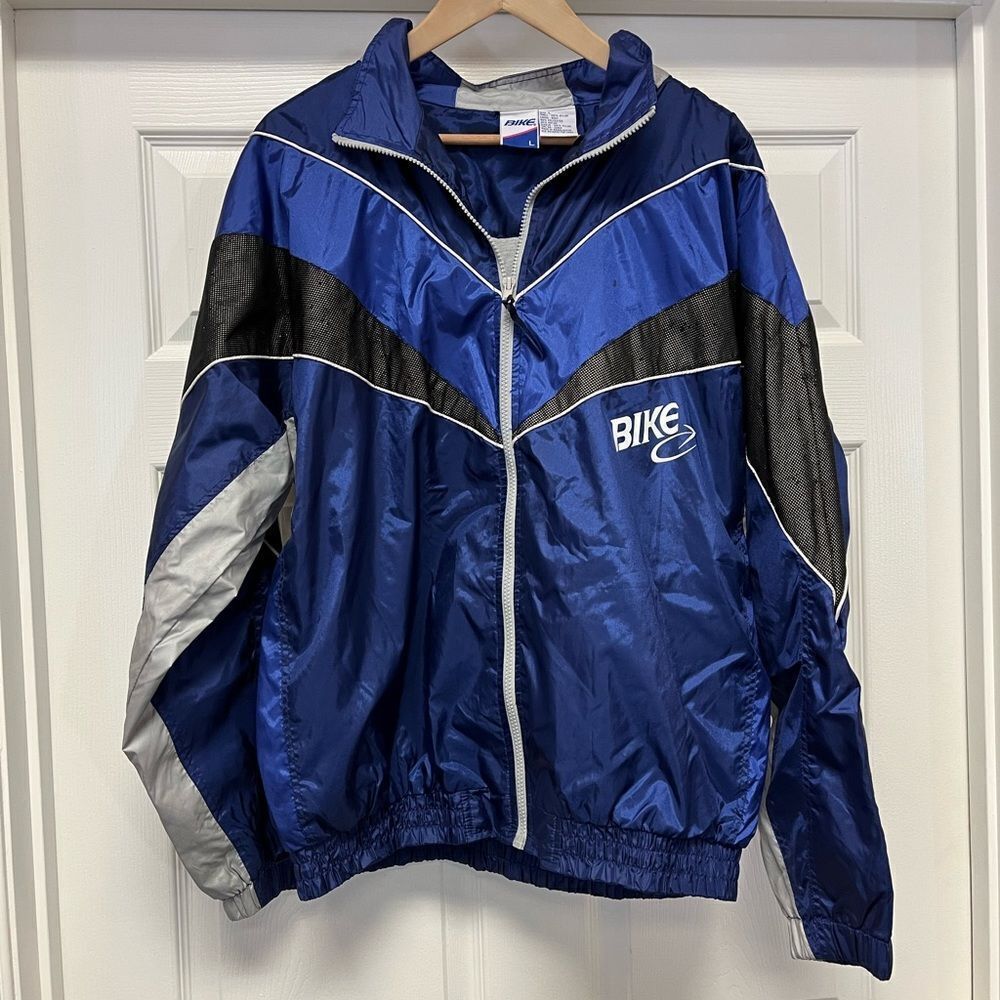 Bike Y2K Blue & Gray Track Jacket Windbreaker sz L EUC